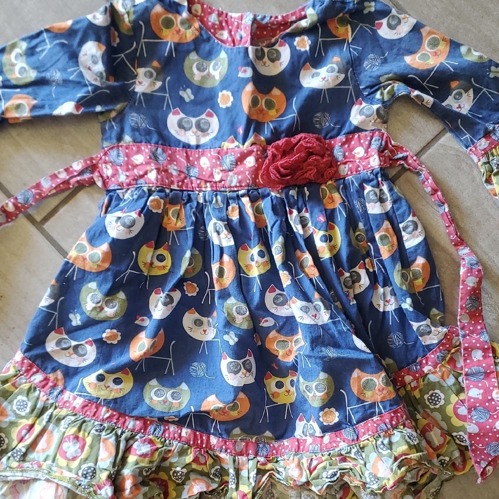 Colorful Cat Print Dress with Floral Accents